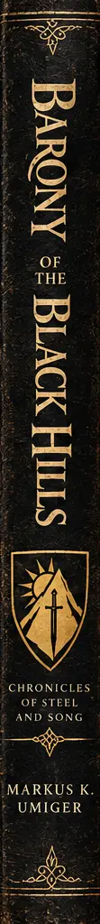 Spine of Barony of the Black Hills showing the title and the arms of the Barony